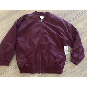 Open Edit Oversized Satin Insulated Bomber Jacket Womens Medium Burgundy NWT